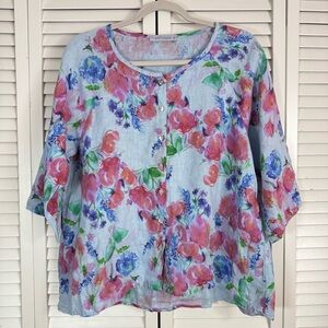 Cut Loose Linen Floral Collarless Short Sleeve Button Up Shirt Blouse Blue Small